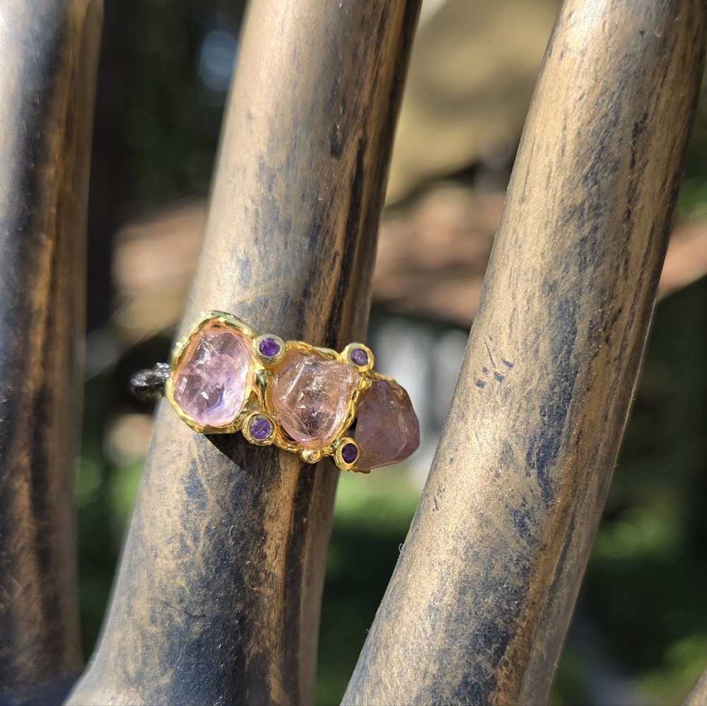 HOST PICK🎉Pink Tourmaline & Amethyst Gemstone Sterling Rhodium&Gold Ring Sz7.25 - Picture 4 of 9